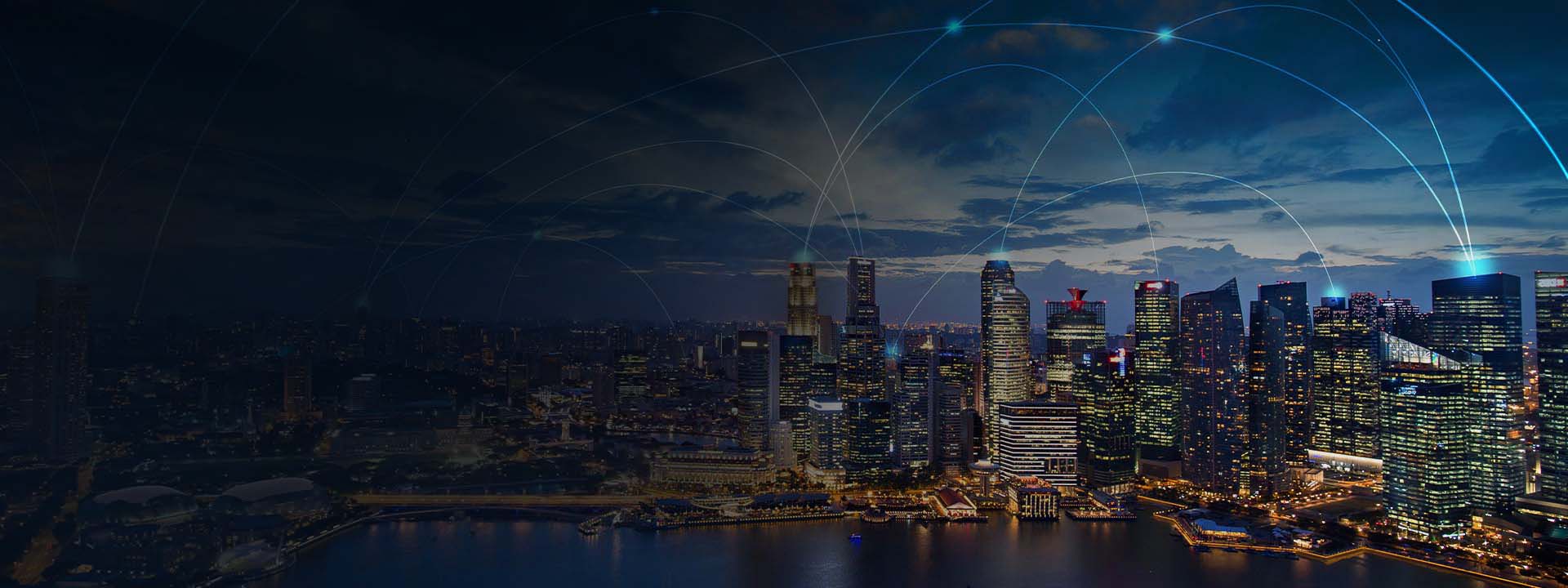 cityscape connected with network nodes
