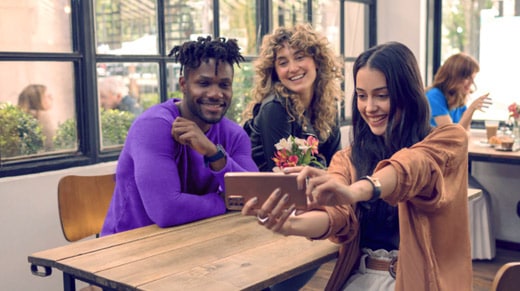 Group of people in a cafeteria taking a selfie