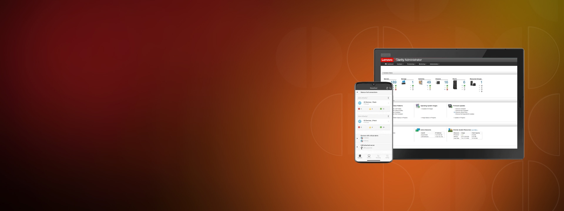 Software - Lenovo tablet and cellphone displaying Lenovo XClarity Administrator