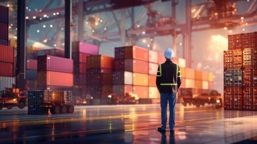 Industrial worker with shipping containers on a large loading area