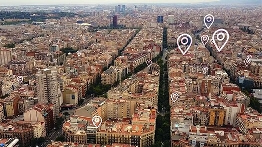 Barcelona aerial view, with digital location markers