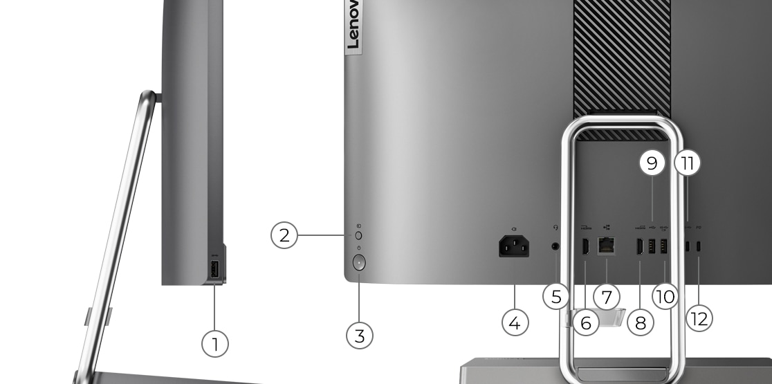 Lenovo IdeaCentre 5 Gen 6 AMD странични изгледи, показващи портове и слотове.
