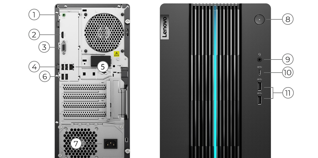 Seitenansichten des Lenovo IdeaCentre 5 Gen 6 AMD mit Anschlüssen und Steckplätzen.