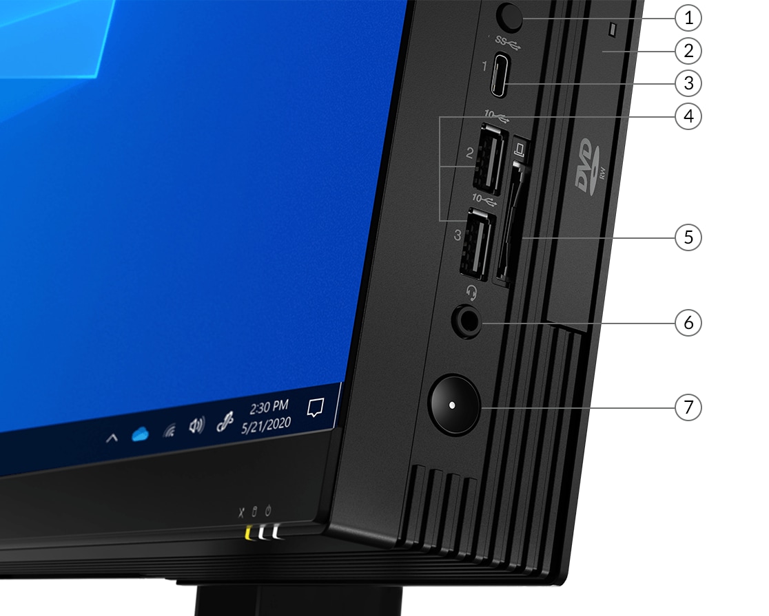 Lenovo ThinkCentre M90a Gen 2 AIO right side views showing ports and slots.
