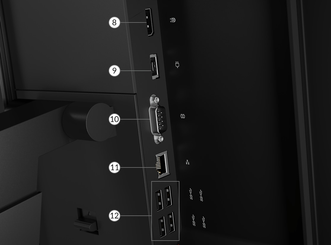 Lenovo ThinkCentre M90a Gen 2 AIO pohľad zľava z boku zobrazujúci porty a sloty