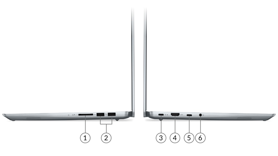 레노버 IdeaPad Slim 5i Pro 14형 노트북의 왼쪽 및 오른쪽에 위치한 포트를 보여 줍니다. 