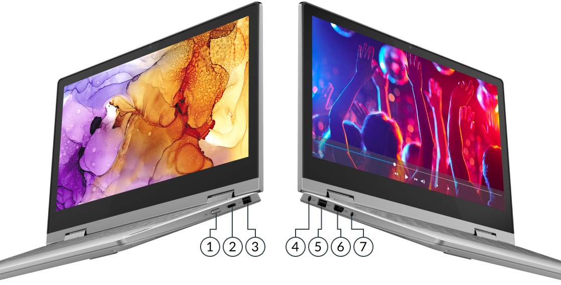 A Lenovo IdeaPad Flex 3 laptop csatlakozóaljzatait mutató bal és jobb oldalnézete