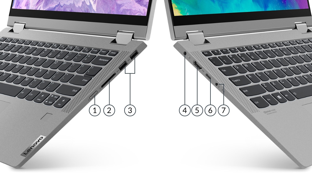 Lenovo IdeaPad Flex 5 Gen 5 Notebook, linke und rechte Seitenansicht mit Blick auf Anschlüsse und Steckplätze.