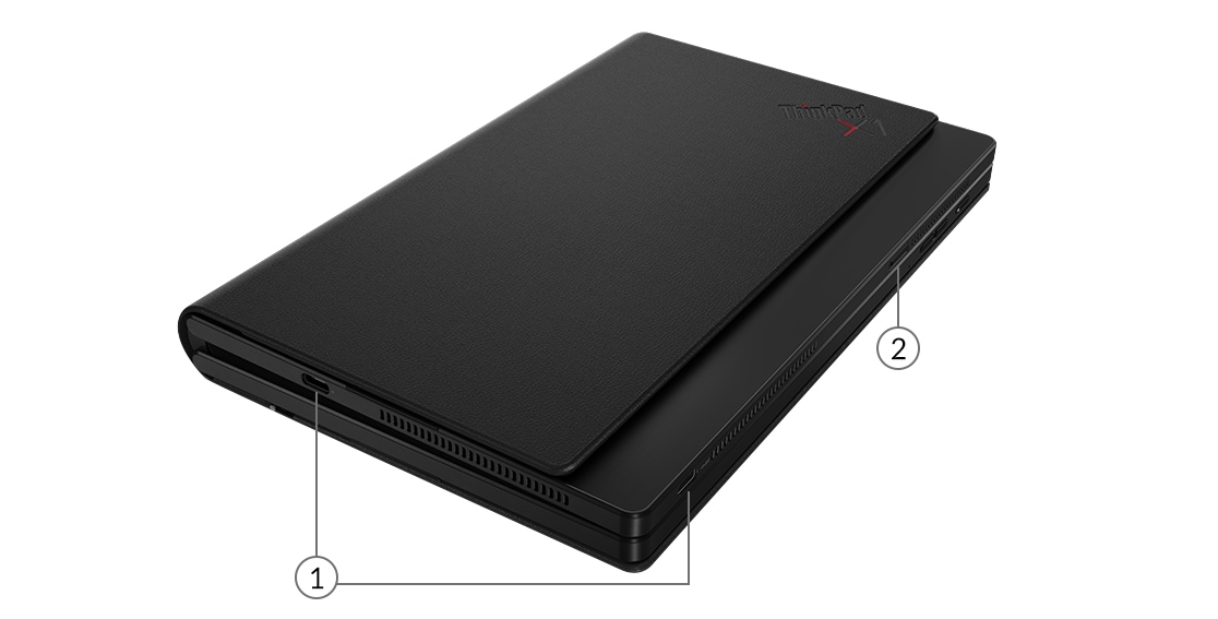 Lenovo ThinkPad X1 Fold -kannettava vasemmalta edestä kuvattuna, kansi suljettuna ja liitännät näkyvissä