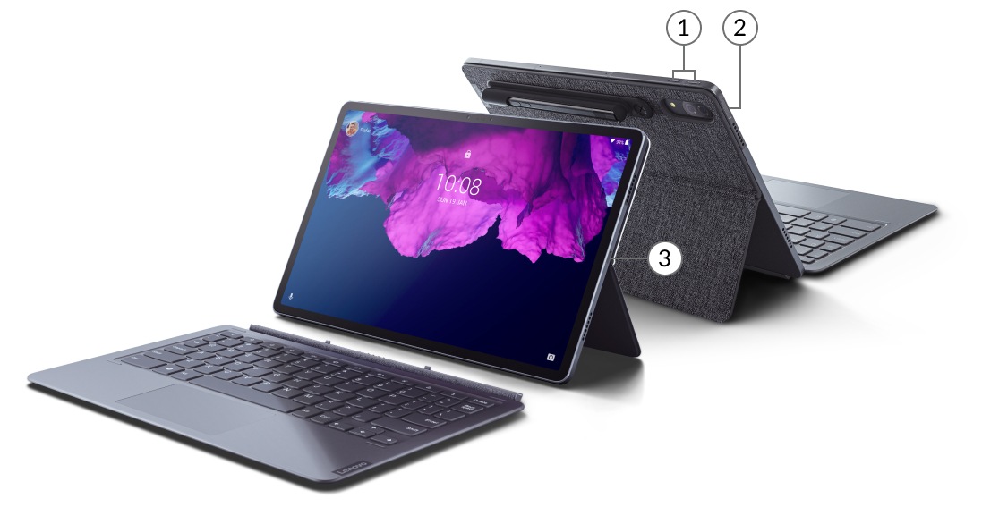 Balant noktalarn iaret eden etiketlerle srt srta duran iki adet klavyeli Lenovo Tab P11 Pro tablet