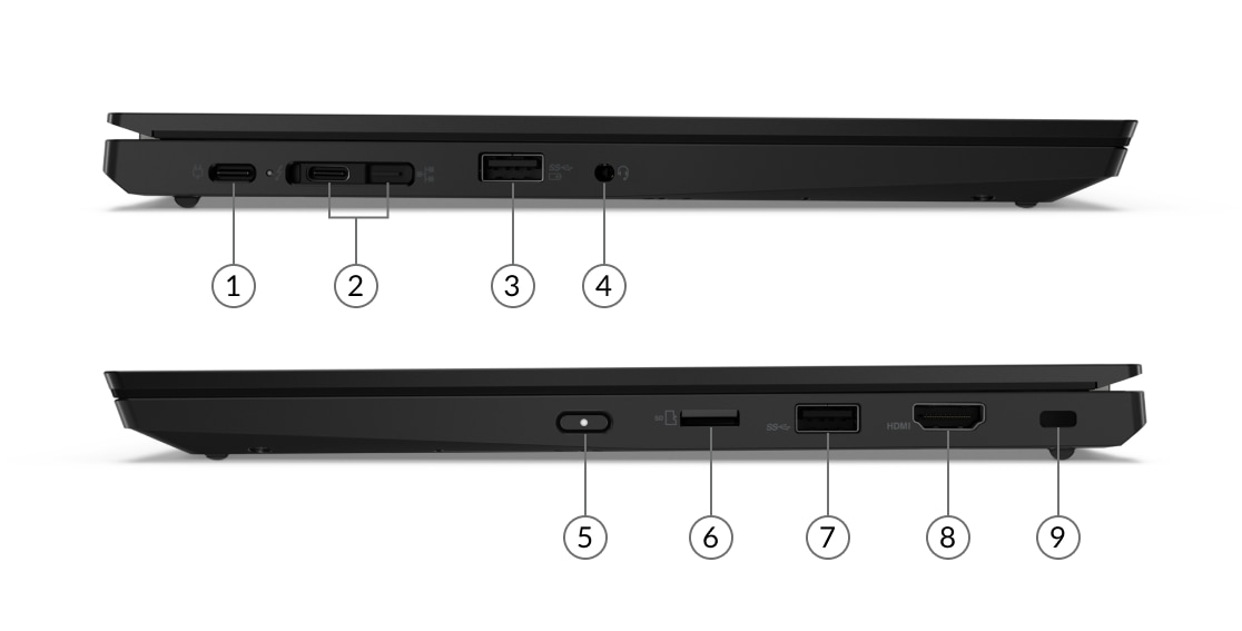Lenovo ThinkPad L13 Gen 2 bärbar dator sedd från vänster och höger med portar och kortplatser