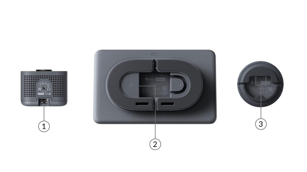 Vista posteriore di Lenovo ThinkSmart Google Meet Room Kit con telecomando, webcam, mic pod e controller touch con etichette per le porte